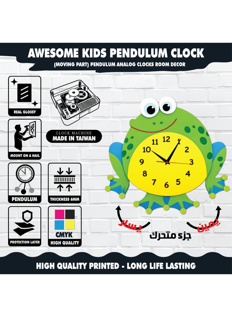 This wall clock with a moving pendulum in the shape of a frog combines a modern design with bright colors, a silent movement, and excellent quality, adding an attractive decorative touch to any space. - Image 4